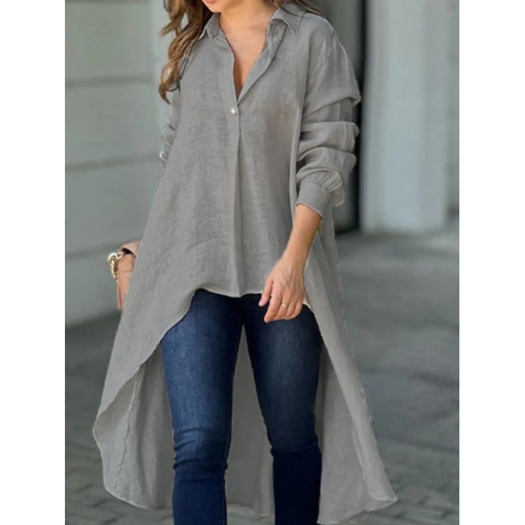 Damen Hemdbluse mit verlängertem Rückensaum und Kragen - Grau
