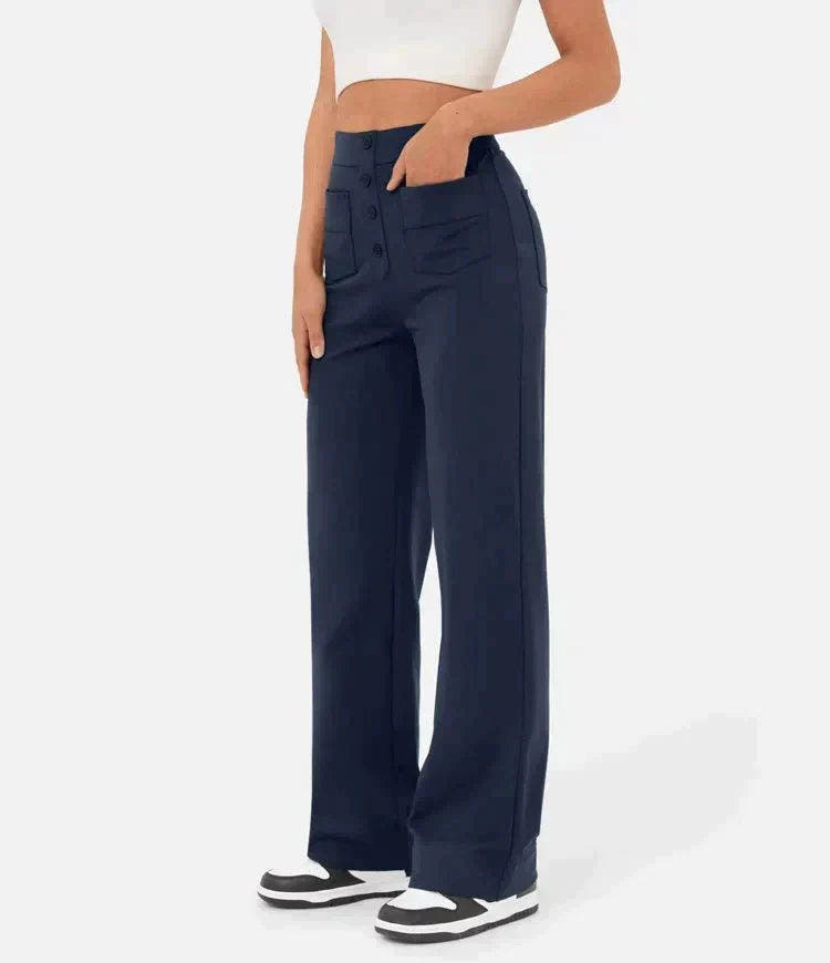 Damen Hose gerade geschnitten mit hohem elastischem Bund - Dunkelblau