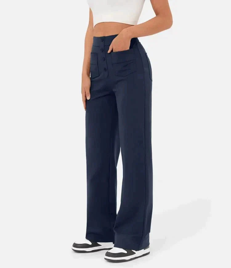 Damen Hose gerade geschnitten mit hohem elastischem Bund - Dunkelblau