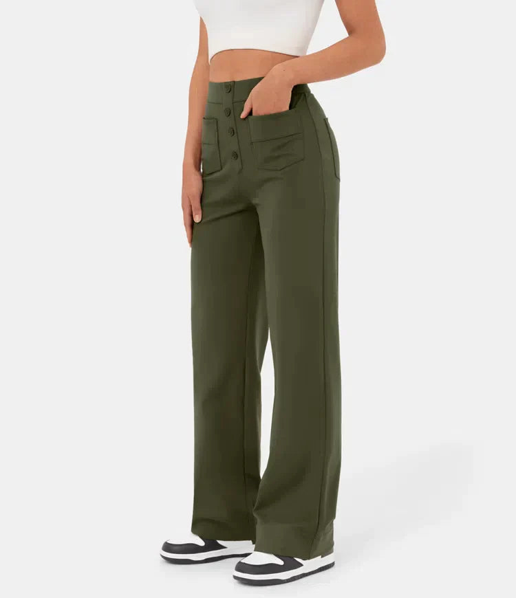 Damen Hose gerade geschnitten mit hohem elastischem Bund - Grün