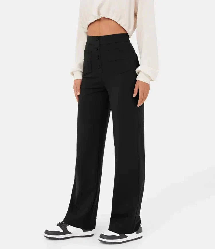 Damen Hose gerade geschnitten mit hohem elastischem Bund - Schwarz