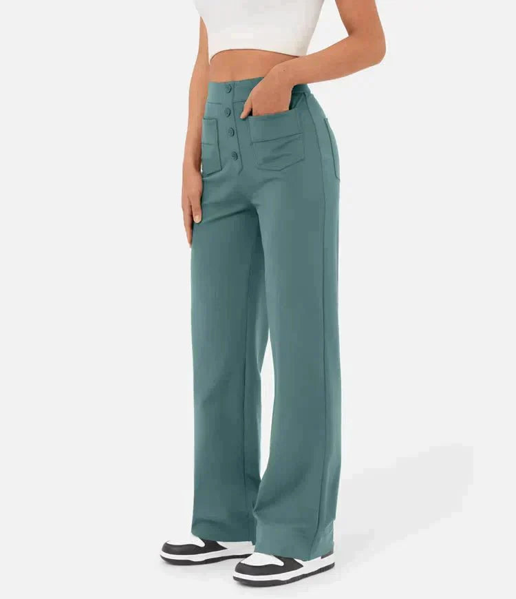 Damen Hose gerade geschnitten mit hohem elastischem Bund - Steingrün