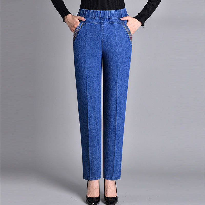 Damen Jeans gerade geschnitten mit geraffter Bundpartie - Hellblau (Normale Dicke)