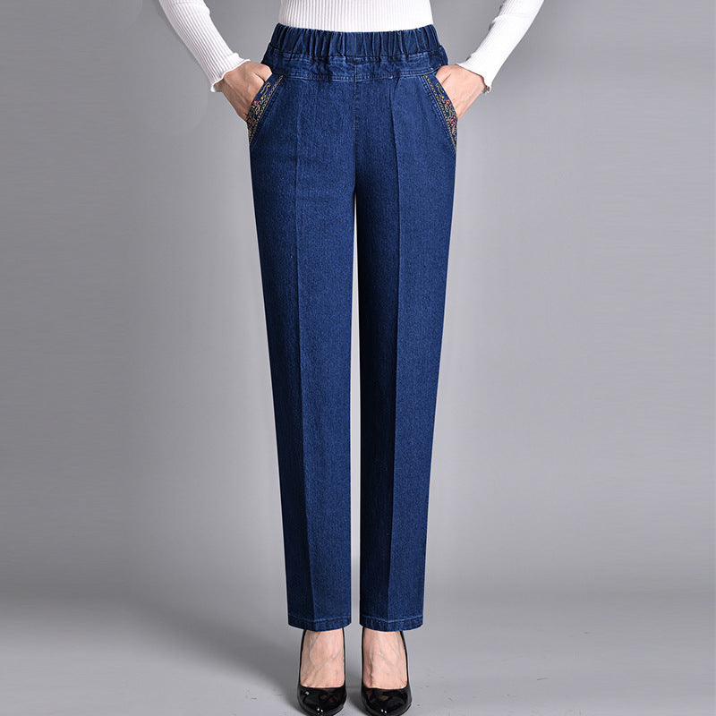 Damen Jeans gerade geschnitten mit geraffter Bundpartie - Dunkelblau (Normale Dicke)