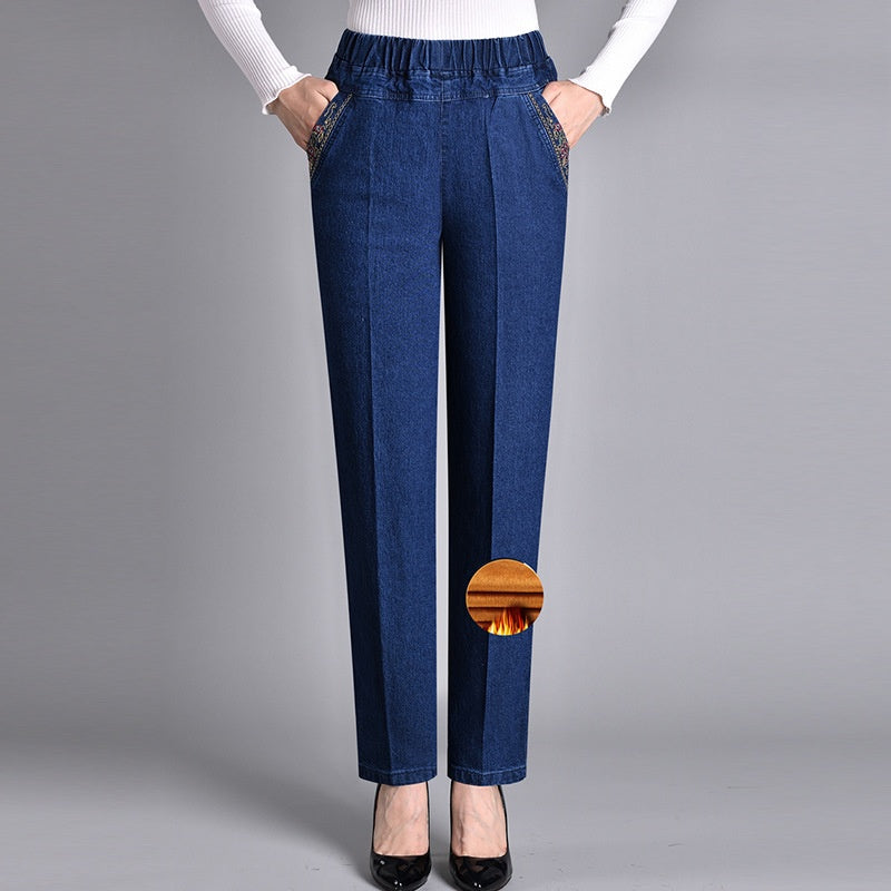 Damen Jeans gerade geschnitten mit geraffter Bundpartie - Dunkelblau (Winterdicke)