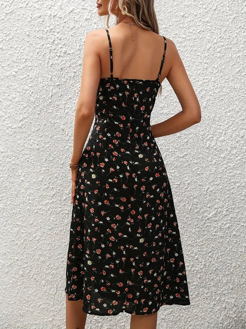 Damen Kleid midi mit Blumenmuster und seitlichem Schlitz