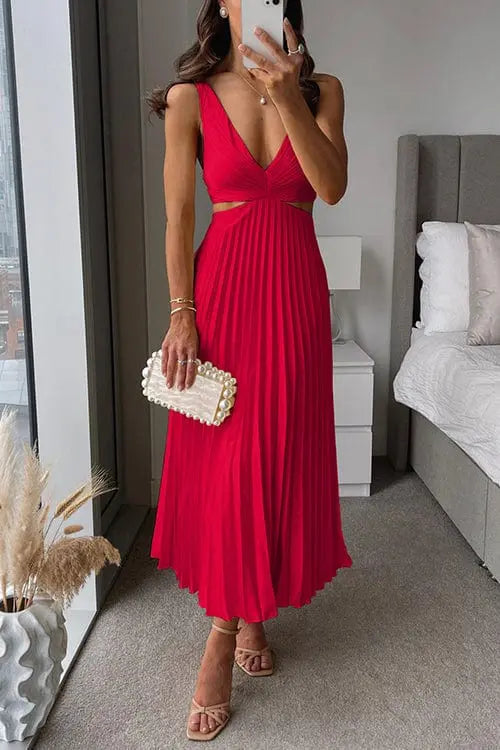 Damen Kleid midi mit Plisseerock und V-Ausschnitt - Rot
