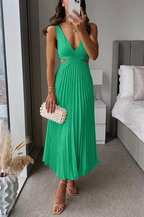 Damen Kleid midi mit Plisseerock und V-Ausschnitt - Grün