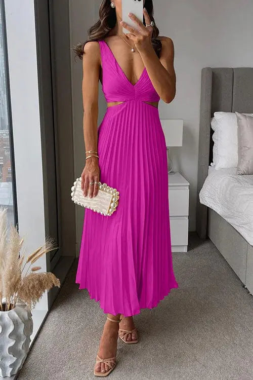 Damen Kleid midi mit Plisseerock und V-Ausschnitt - Rosa