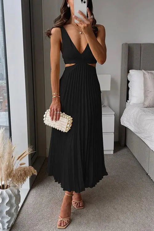 Damen Kleid midi mit Plisseerock und V-Ausschnitt - Schwarz