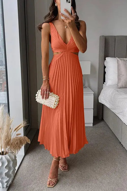 Damen Kleid midi mit Plisseerock und V-Ausschnitt - Orange