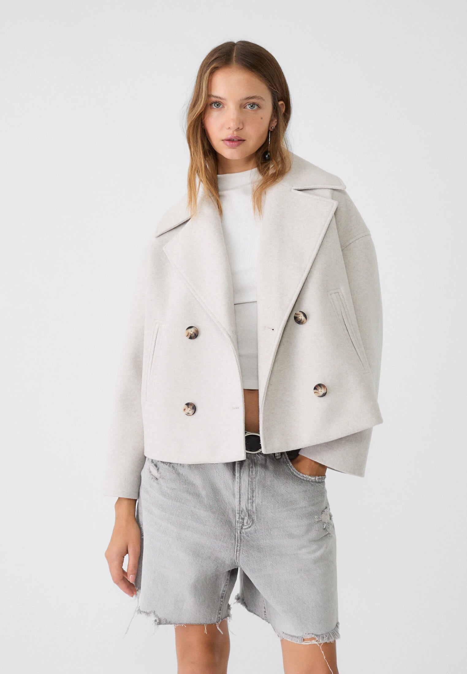 Damen Kurzmantel mit Doppelreiher und breitem Revers - Beige