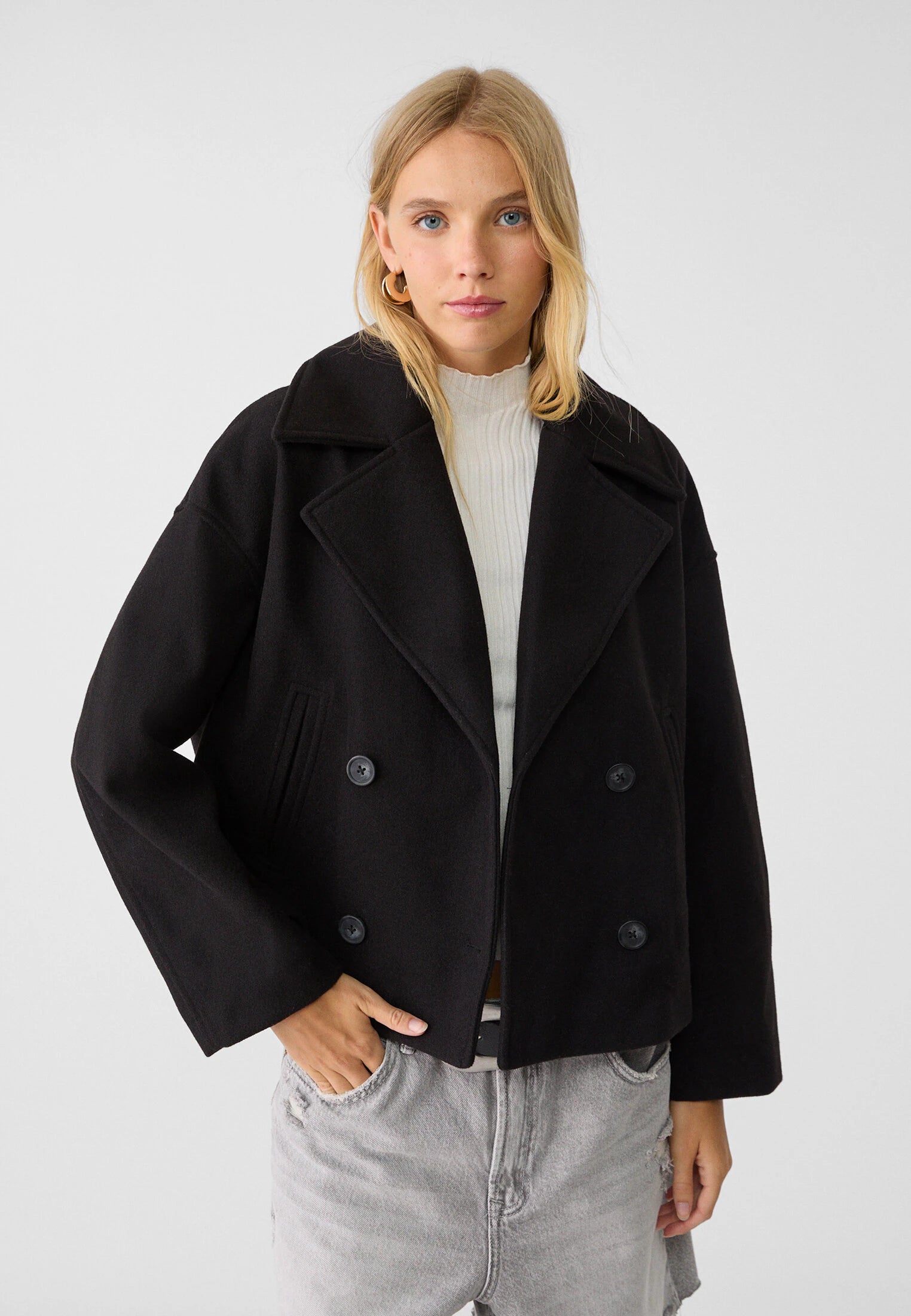 Damen Kurzmantel mit Doppelreiher und breitem Revers - Schwarz