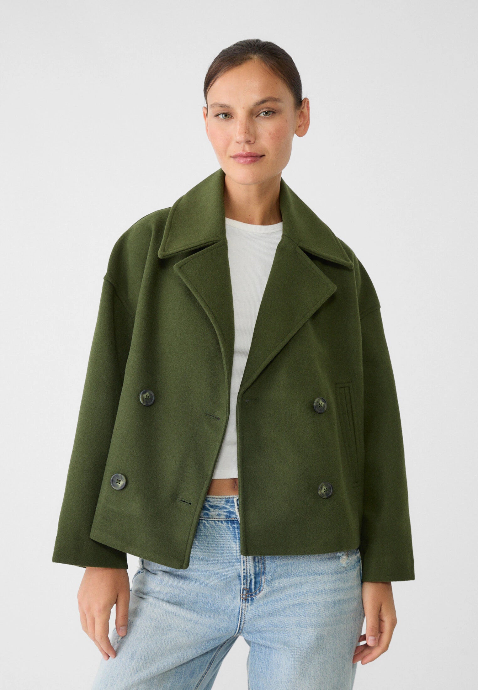 Damen Kurzmantel mit Doppelreiher und breitem Revers - Grün