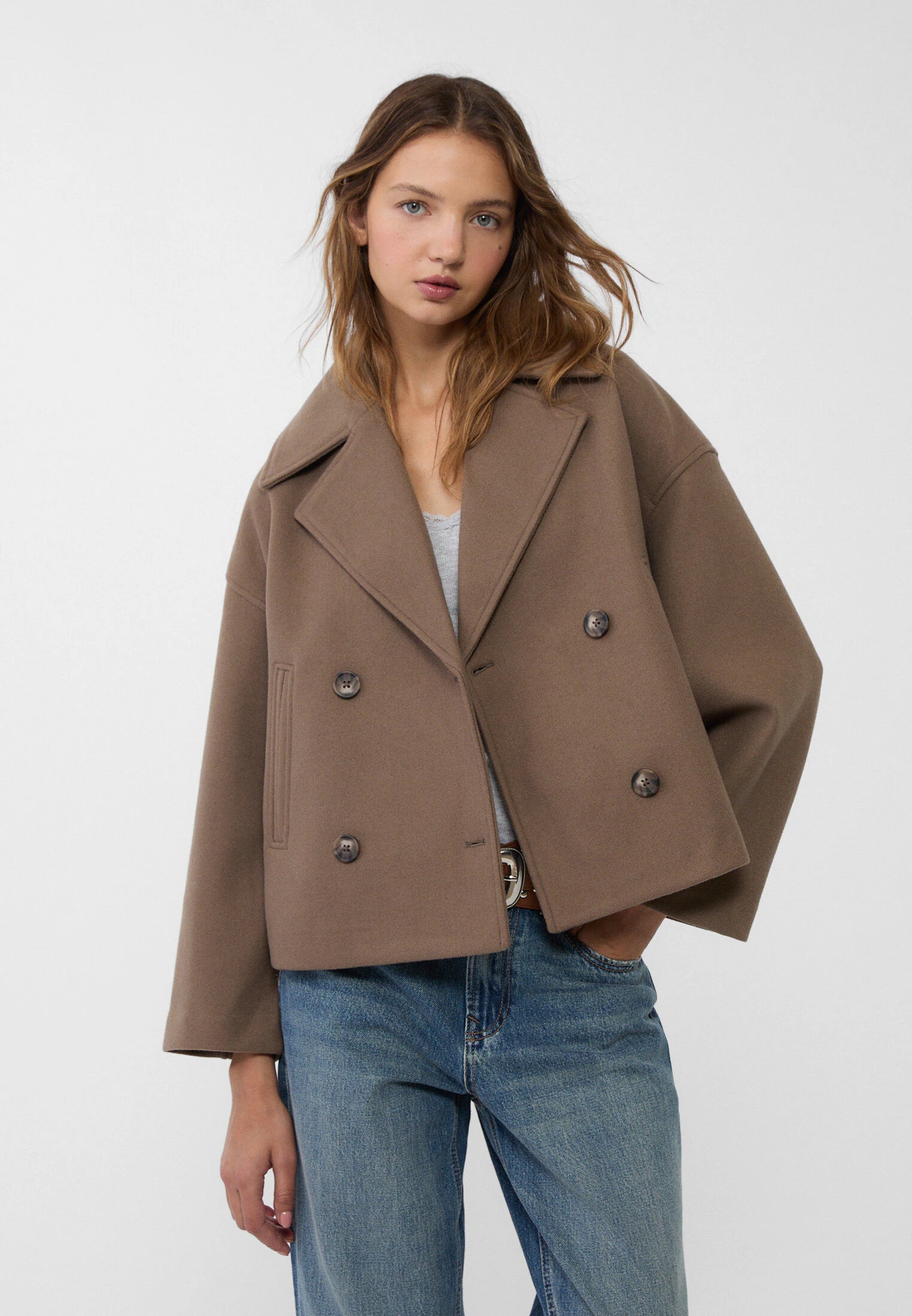 Damen Kurzmantel mit Doppelreiher und breitem Revers - Braun