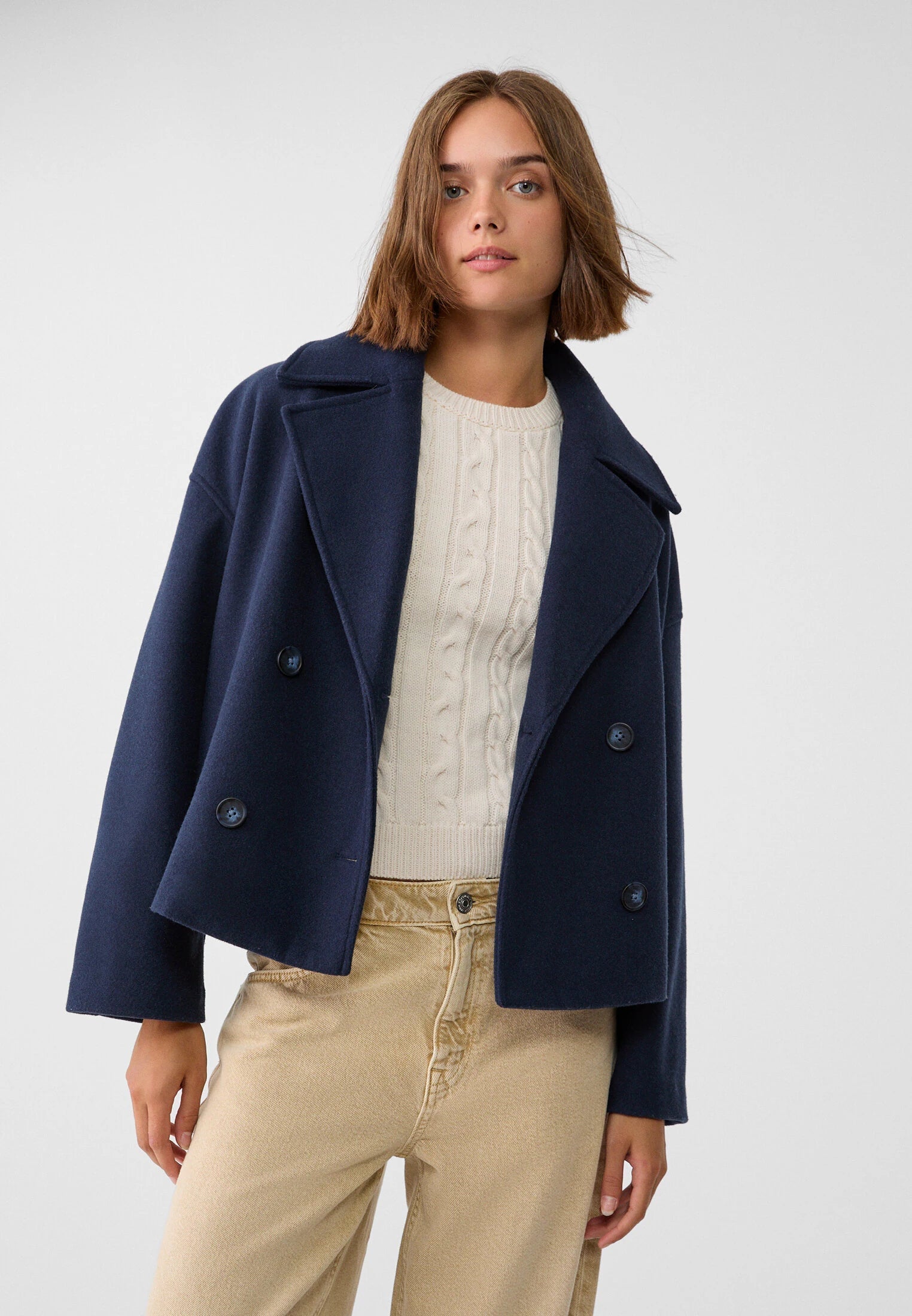 Damen Kurzmantel mit Doppelreiher und breitem Revers - Marineblau