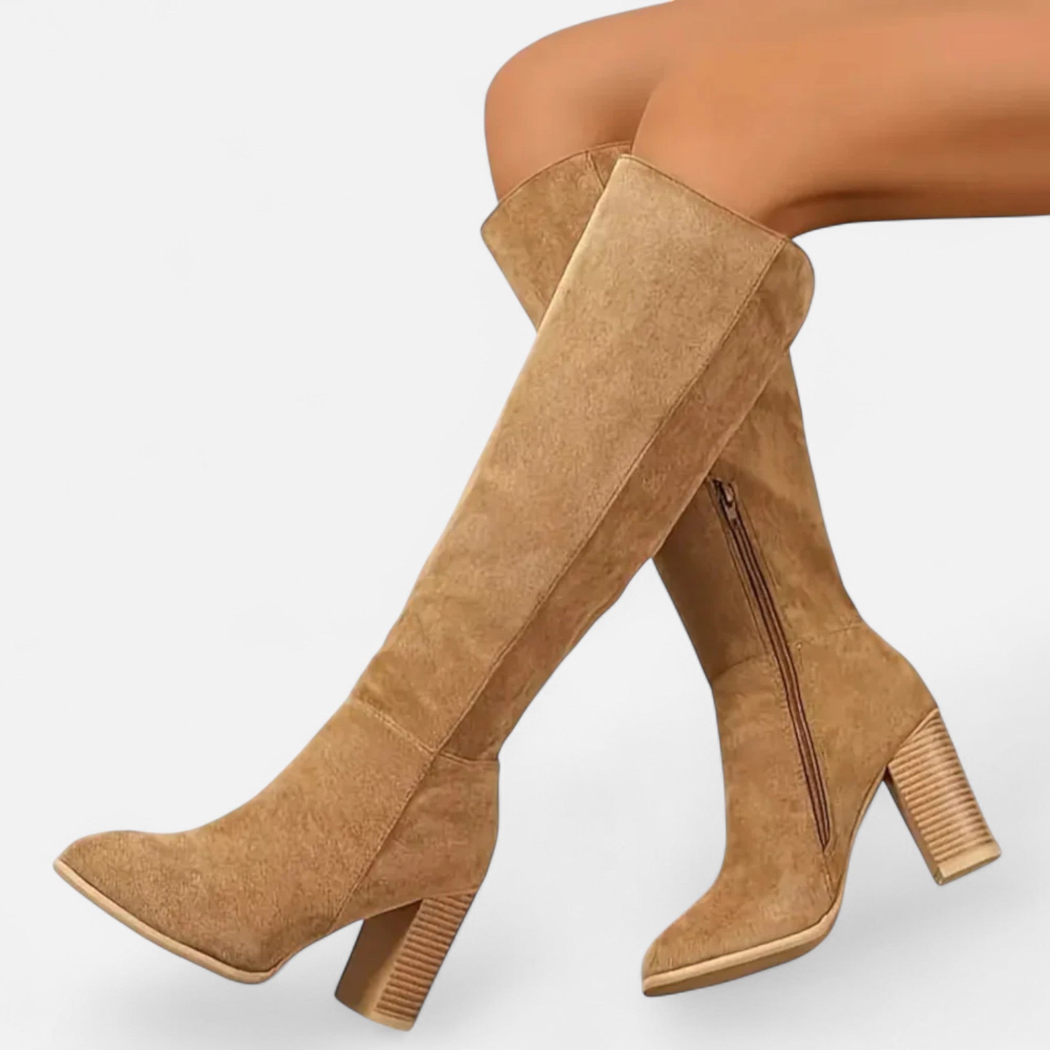 Damen Overknee Stiefel in Wildlederoptik mit Blockabsatz - Khaki
