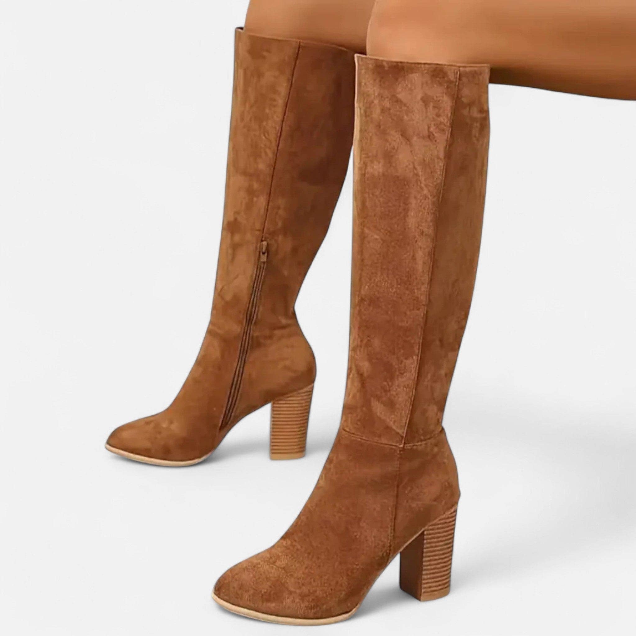 Damen Overknee Stiefel in Wildlederoptik mit Blockabsatz - Braun