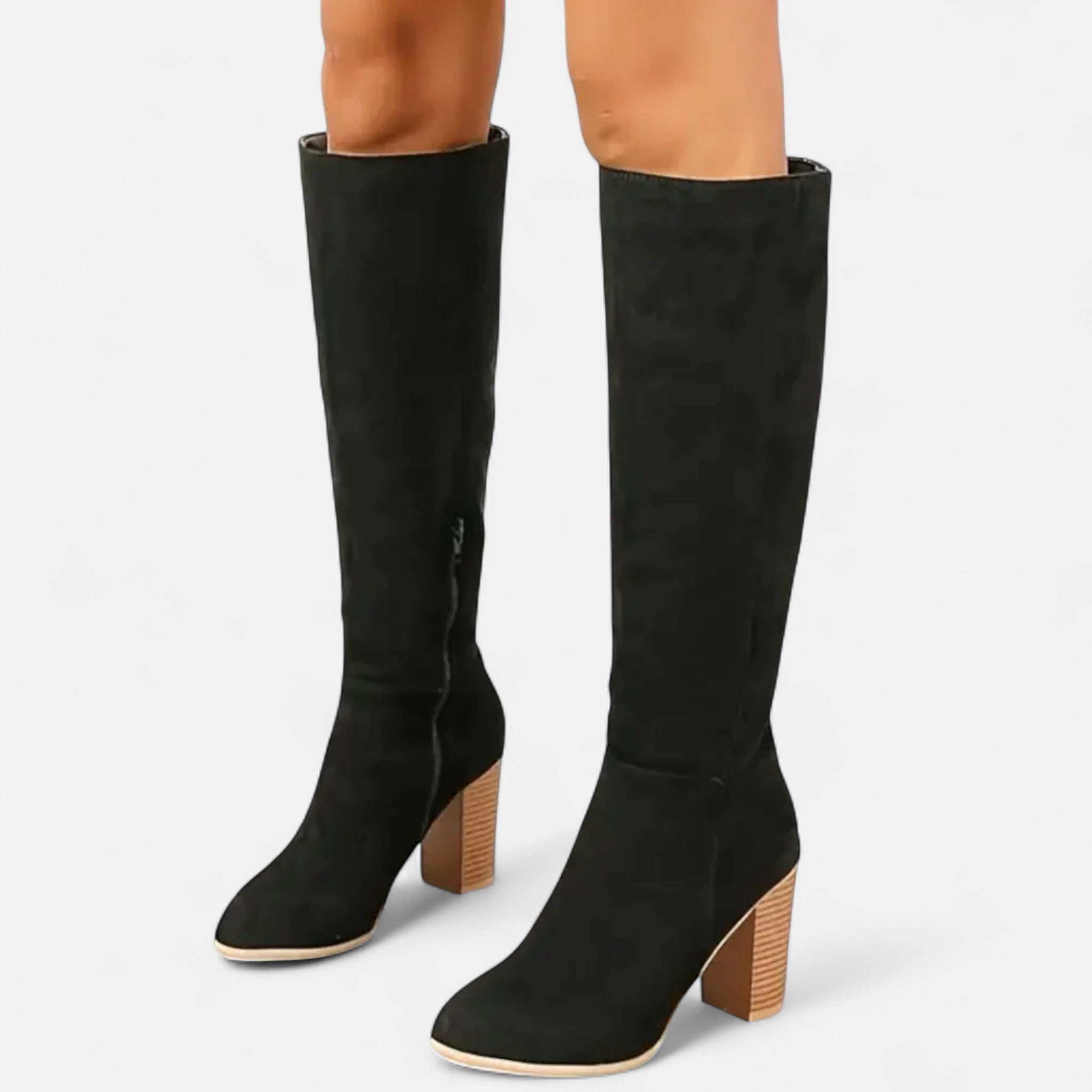 Damen Overknee Stiefel in Wildlederoptik mit Blockabsatz - Schwarz