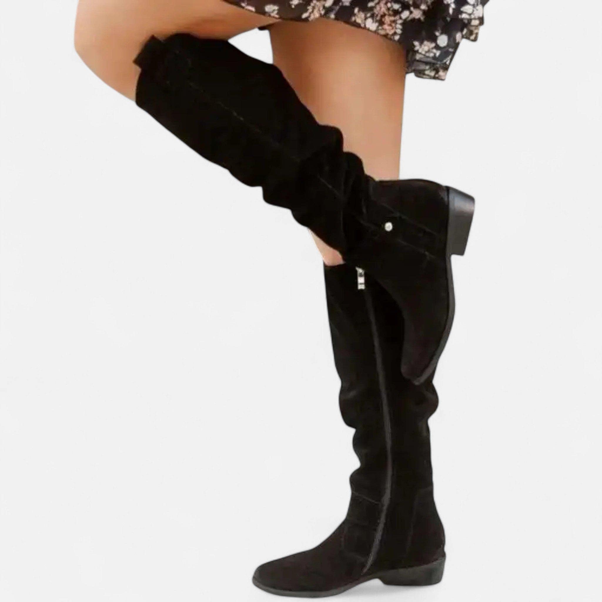 Damen Overknee Stiefel mit weich fallendem Schaft - Schwarz