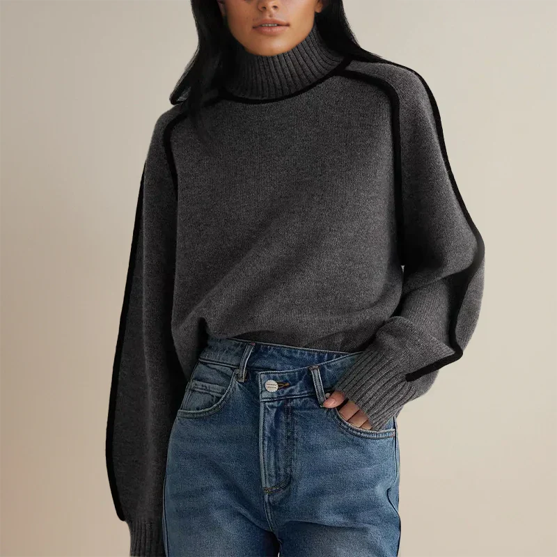 Damen Oversize Pullover mit Rollkragen und tiefer Schulter - Schwarz