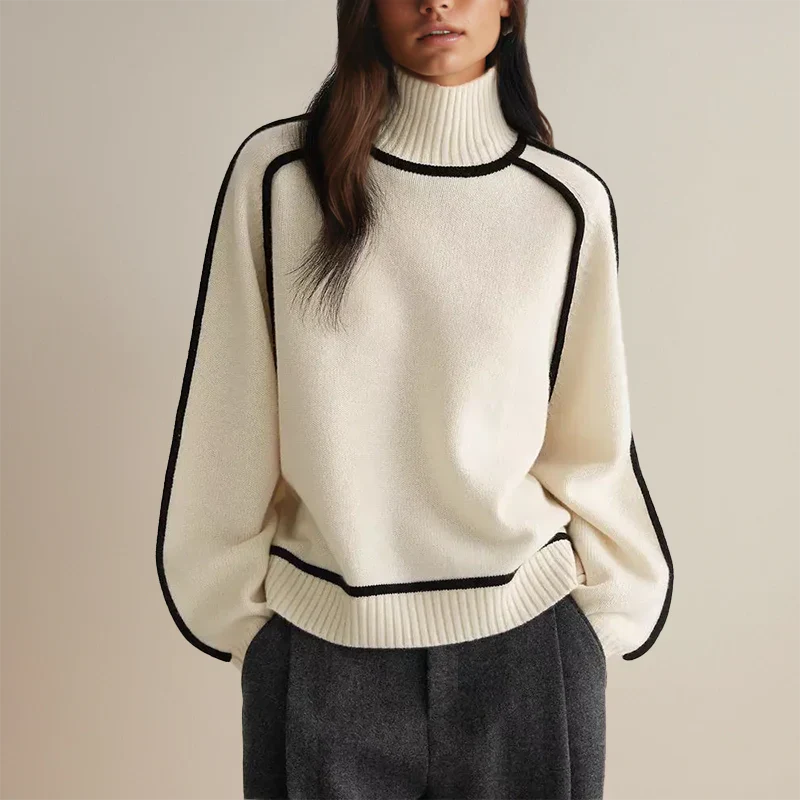 Damen Oversize Pullover mit Rollkragen und tiefer Schulter - Weiß