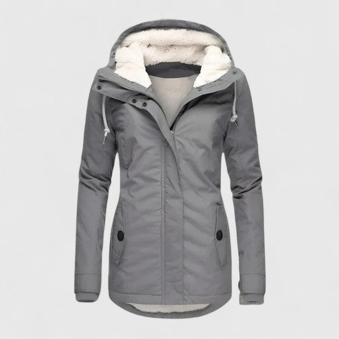 Damen Parka lang mit Kapuze und sichtbarem Fleecefutter - Grau