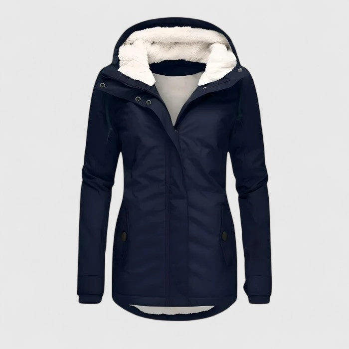 Damen Parka lang mit Kapuze und sichtbarem Fleecefutter - Dunkelblau
