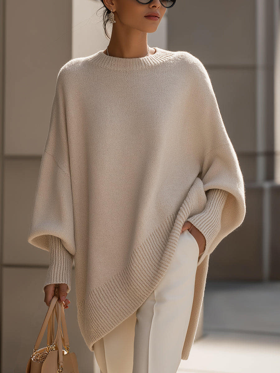 Damen Poncho Pullover mit asymmetrischem Saum und Rundhals - Beige