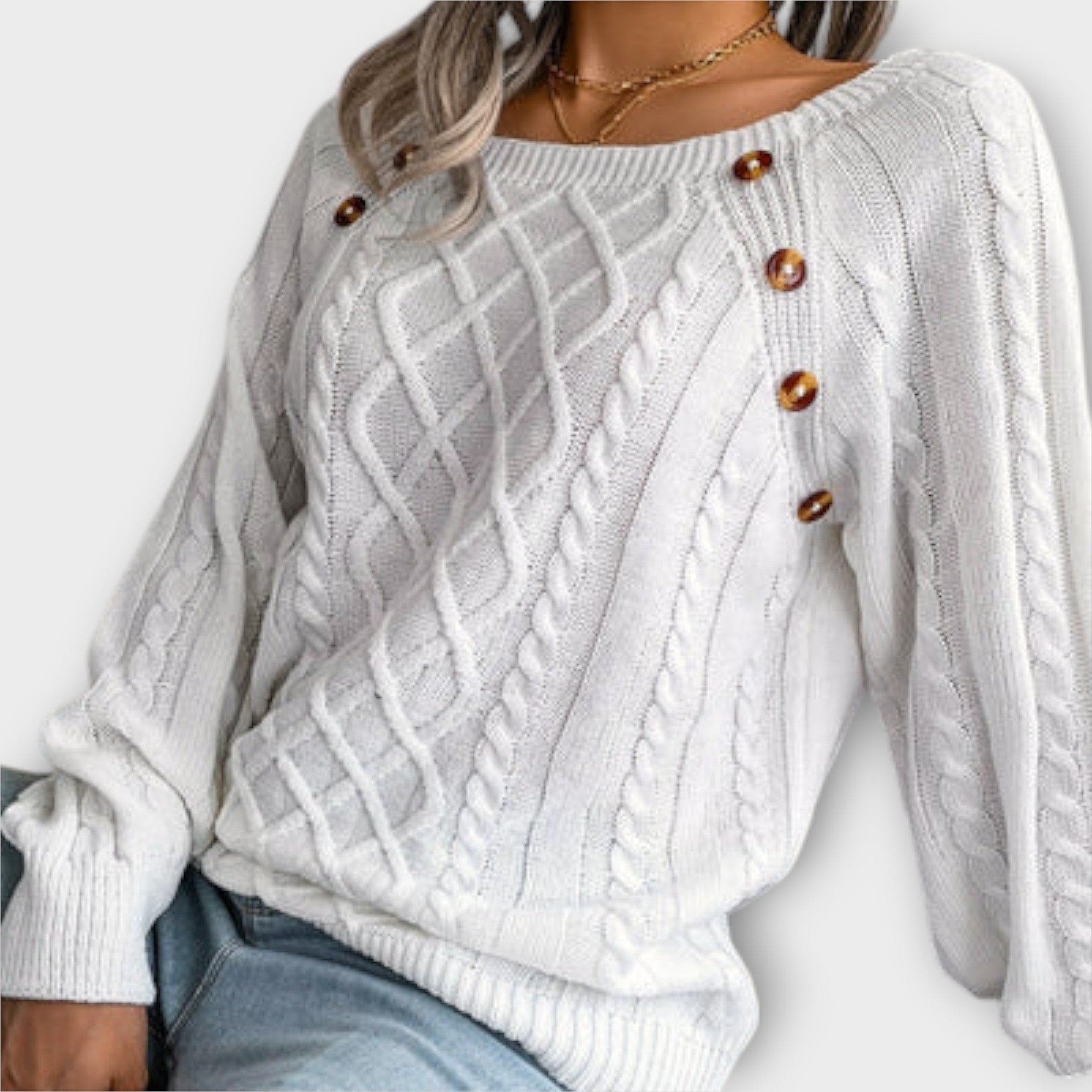 Damen Pullover mit Zopfmuster und Zierknöpfen an der Schulter - Weiß