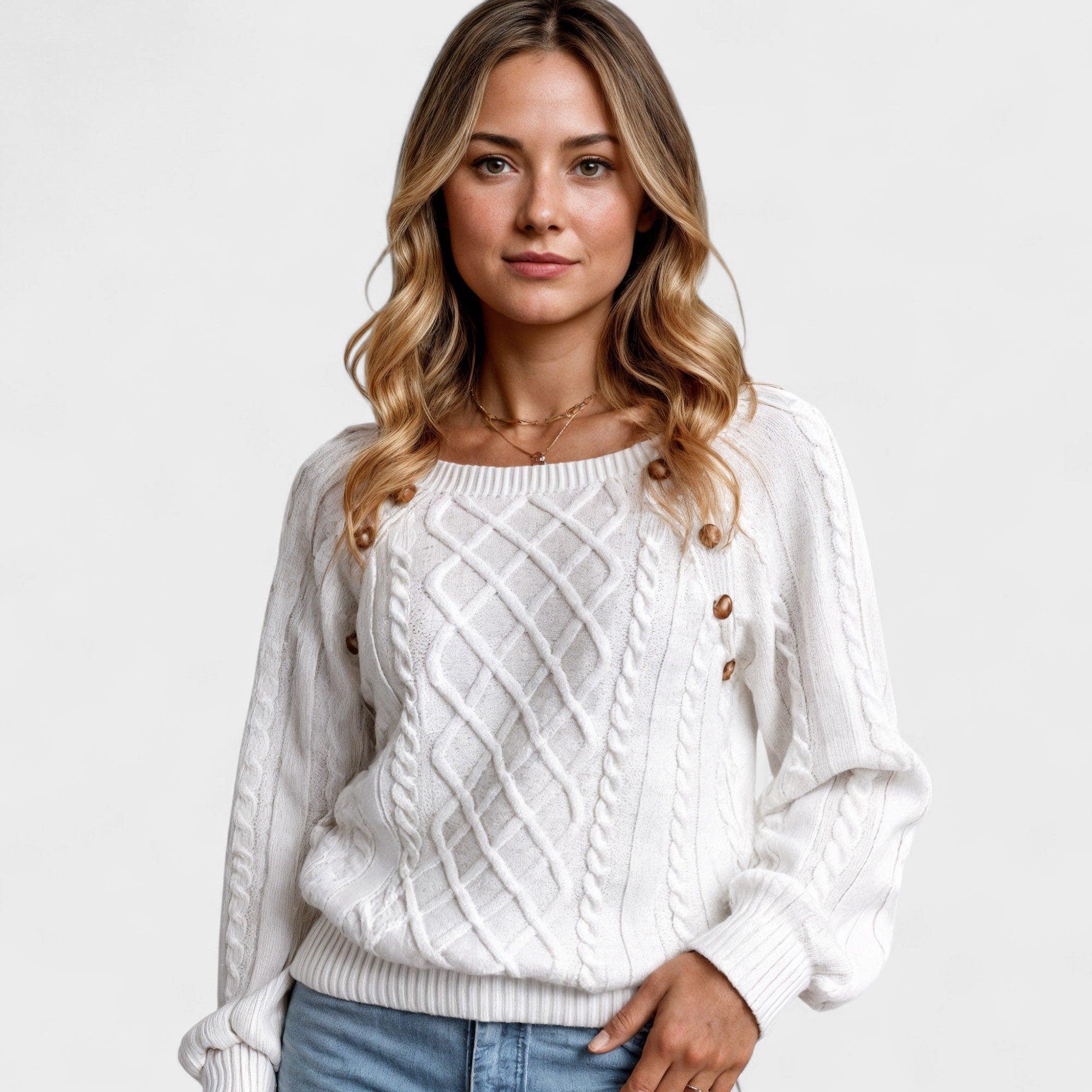 Damen Pullover mit Zopfmuster und Zierknöpfen an der Schulter