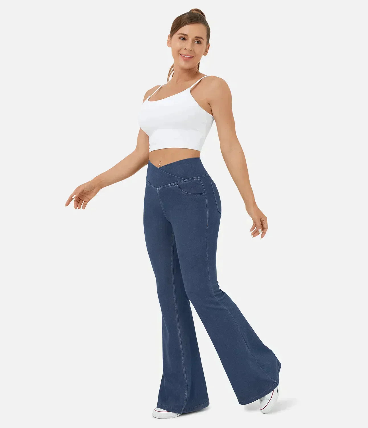 Damen Schlaghose in Denim Optik mit hohem elastischem Bund - Dunkelblau