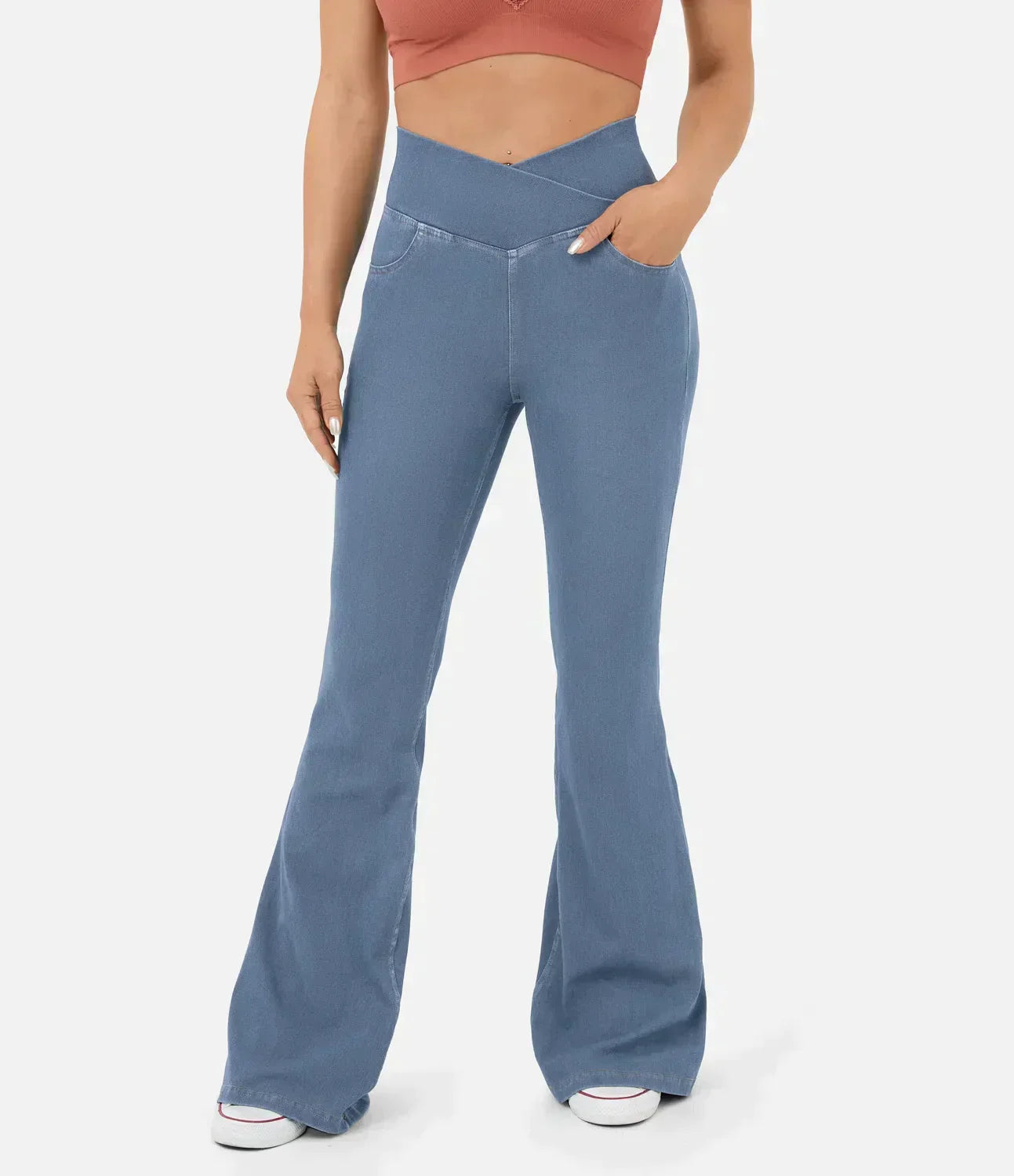 Damen Schlaghose in Denim Optik mit hohem elastischem Bund - Hellblau