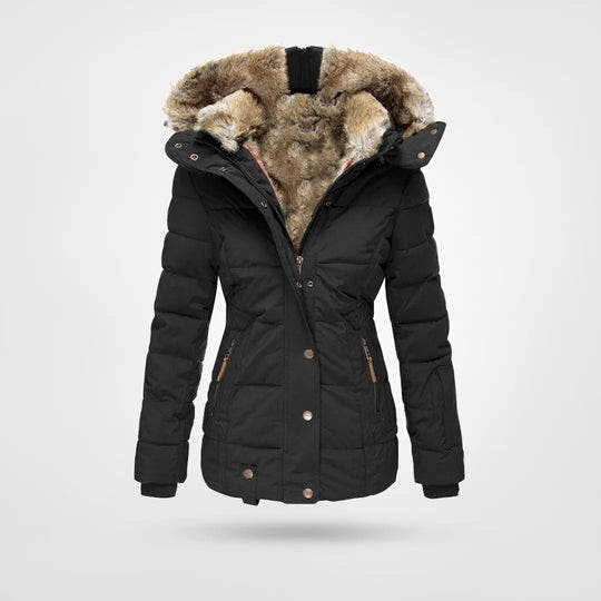 Damen Steppjacke mit Kunstfellkapuze und Taillennaht - Schwarz