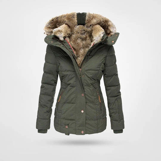 Damen Steppjacke mit Kunstfellkapuze und Taillennaht - Grün
