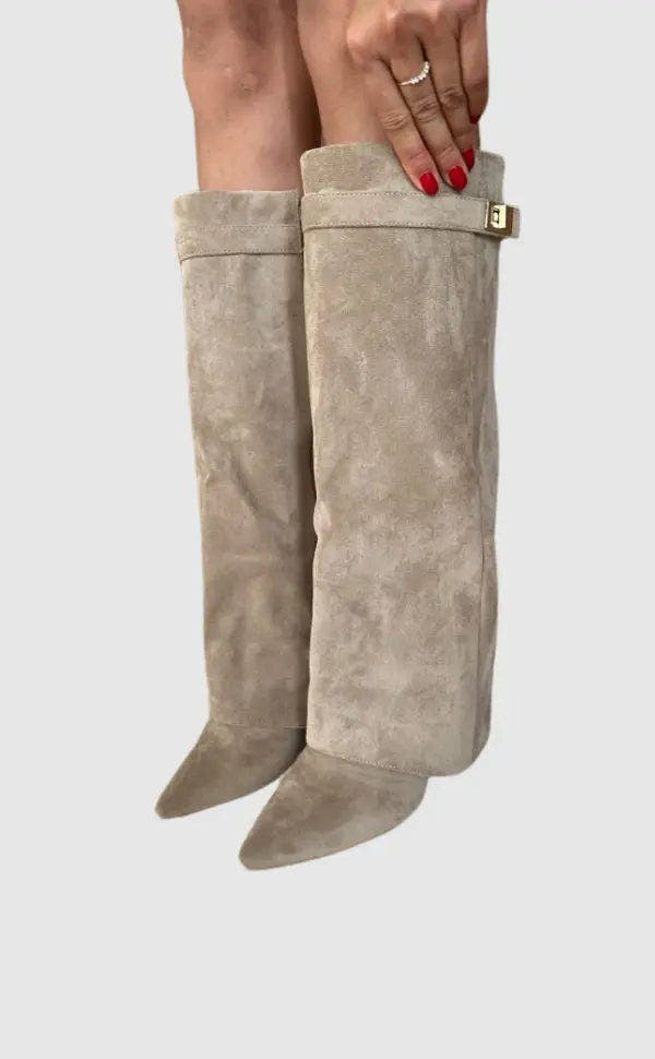 Damen Stiefel kniehoch mit Umschlagschaft und Schnalle - Taupe