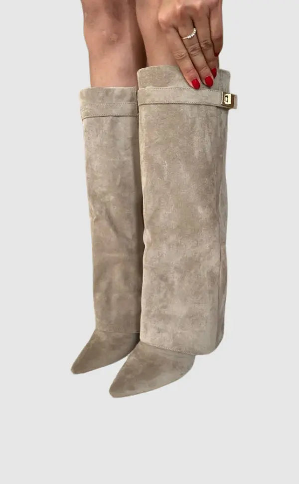 Damen Stiefel kniehoch mit Umschlagschaft und Schnalle - Taupe