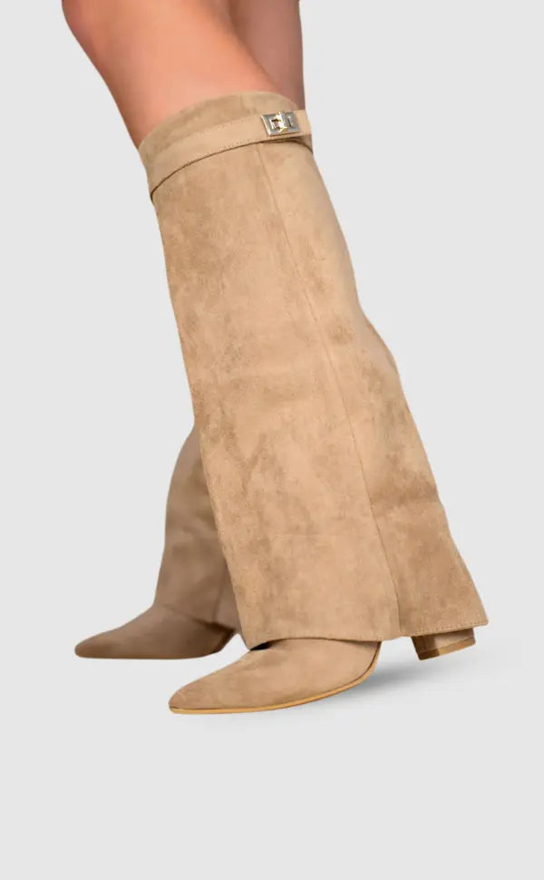 Damen Stiefel kniehoch mit Umschlagschaft und Schnalle