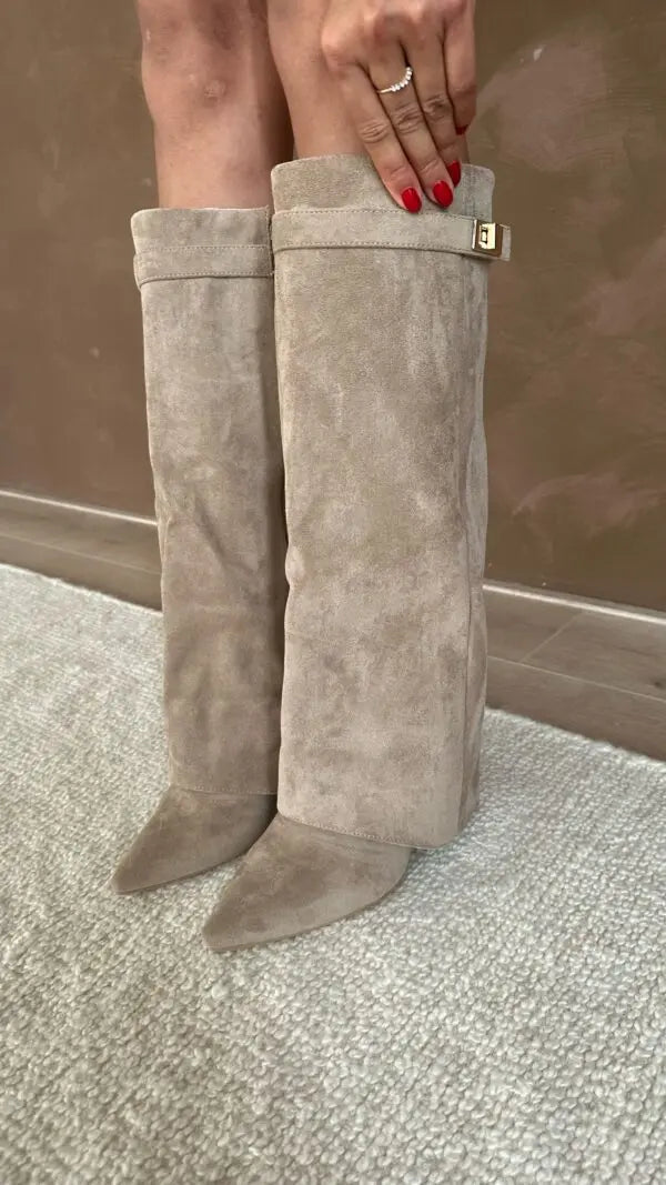 Damen Stiefel kniehoch mit Umschlagschaft und Schnalle