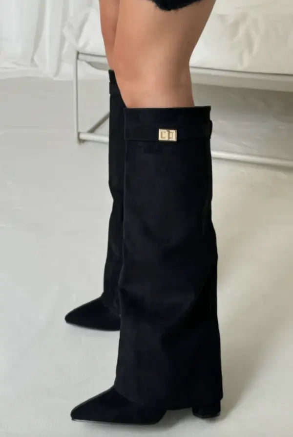 Damen Stiefel kniehoch mit Umschlagschaft und Schnalle