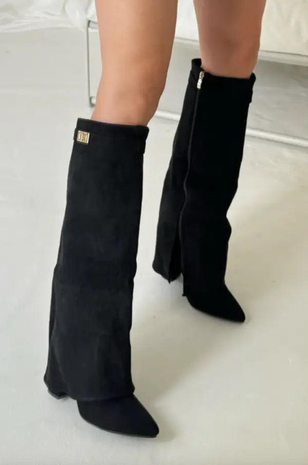 Damen Stiefel kniehoch mit Umschlagschaft und Schnalle - Schwarz