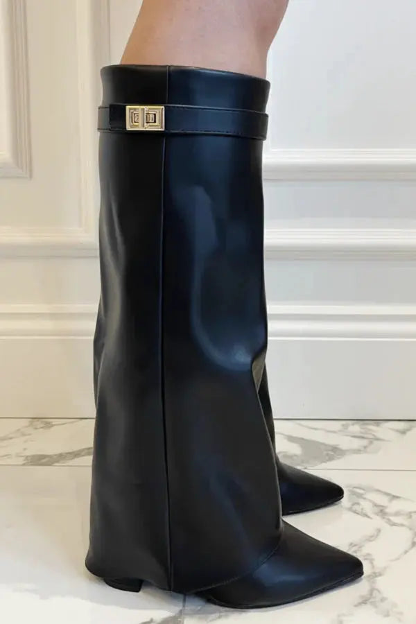 Damen Stiefel kniehoch mit Umschlagschaft und Schnalle - Schwarzes Leder