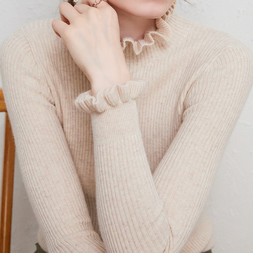 Damen Strick Top mit Rüschenkragen und langen Ärmeln - Beige