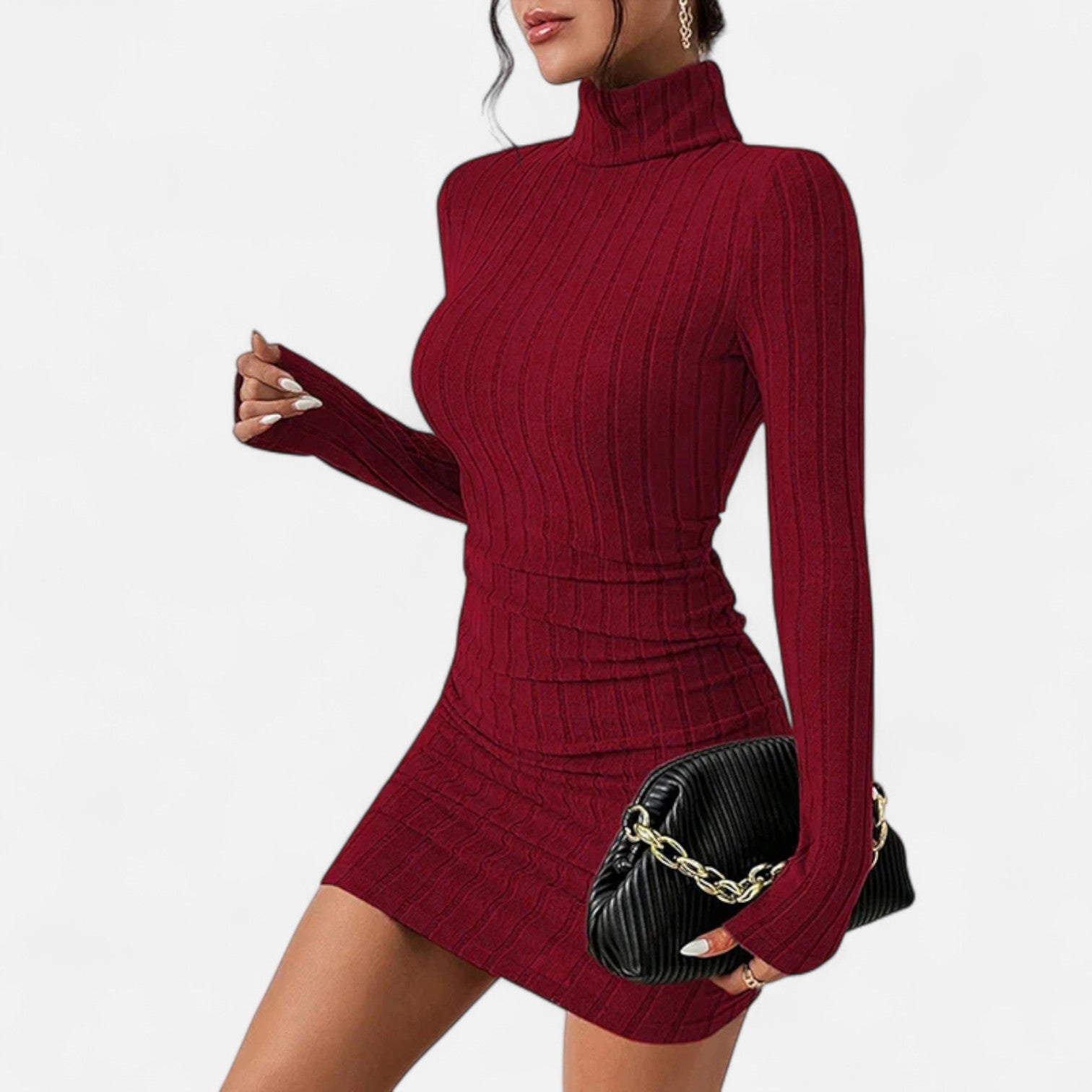 Damen Strickkleid kurz mit Rollkragen und langen Ärmeln - Bordeaux