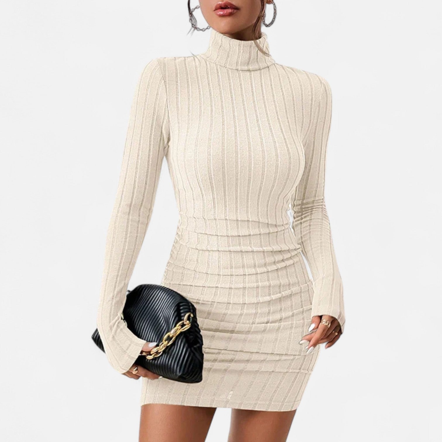 Damen Strickkleid kurz mit Rollkragen und langen Ärmeln - Beige