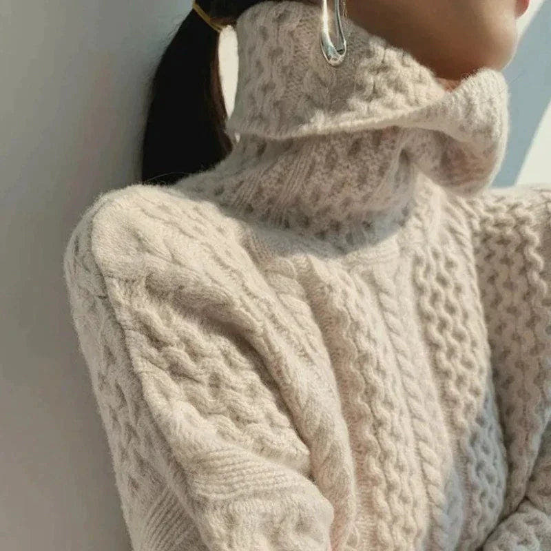 Damen Strickpullover mit Zopfmuster und weitem Rollkragen - Beige