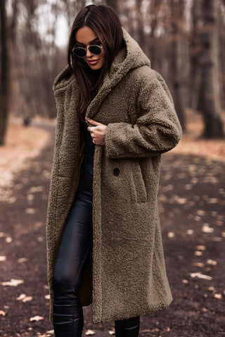 Damen Teddymantel lang mit Reverskragen offen fallend - Khaki