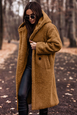 Damen Teddymantel lang mit Reverskragen offen fallend - Karamell