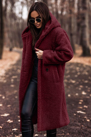 Damen Teddymantel lang mit Reverskragen offen fallend - Rot