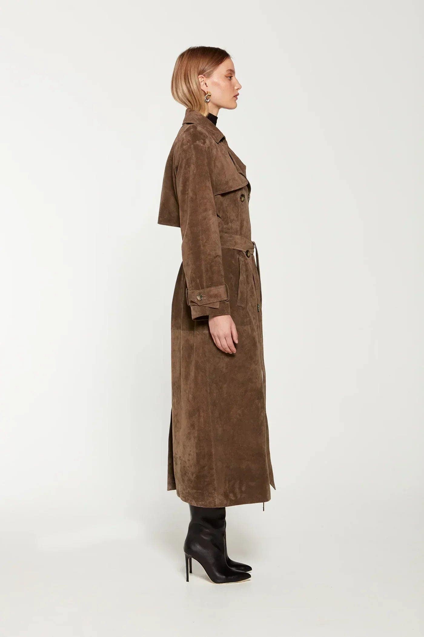 Damen Trenchcoat extralang in Wildlederoptik mit Gürtel